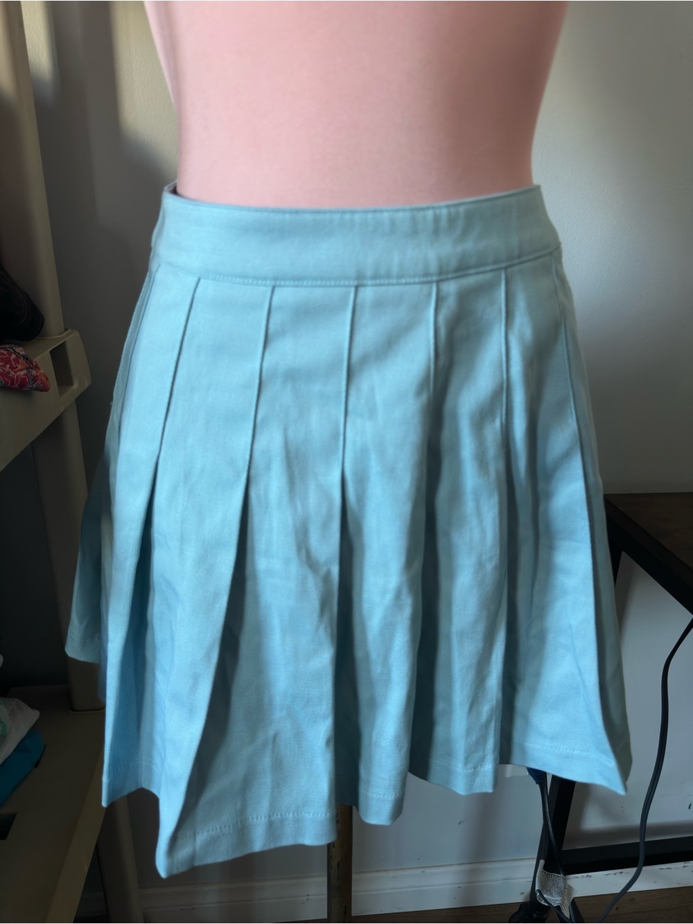 High-Waist Light Blue Pleated Skater Skirt